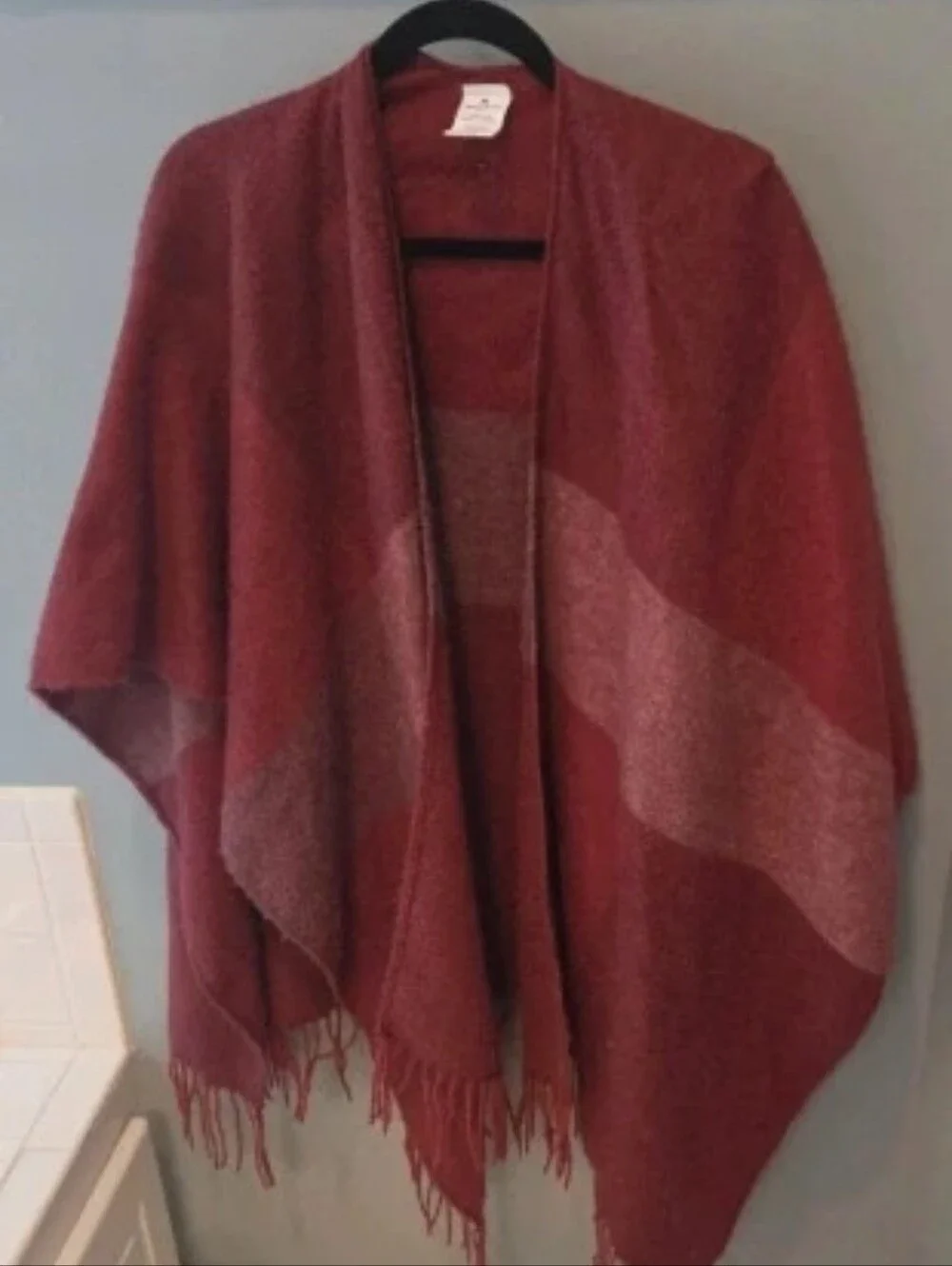 Woolrich Cozy Blanket Wrap Poncho Burgundy Fringe Open Front Cape Shawl